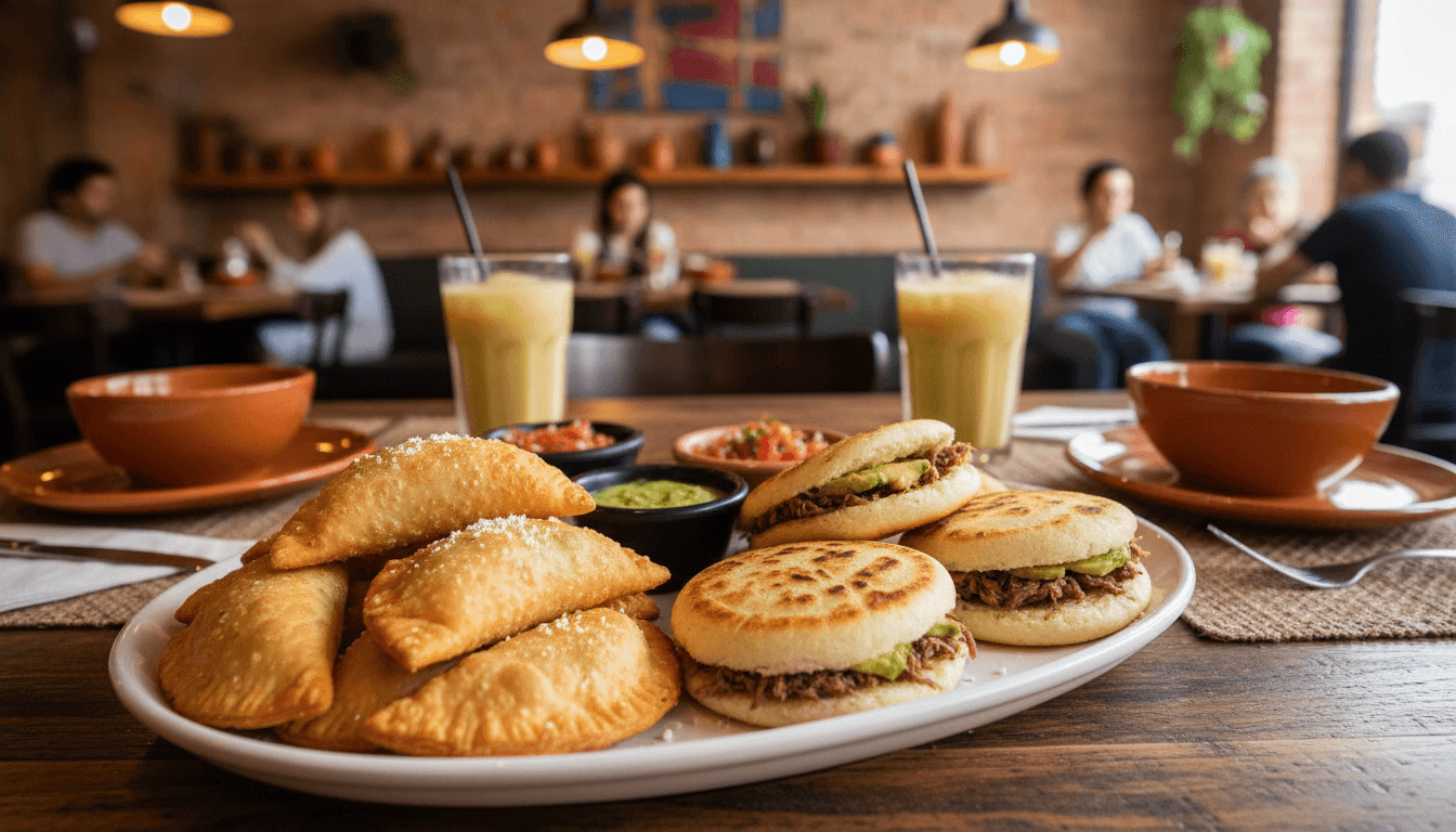 Empanadas doradas y arepas venezolanas servidas en plato
