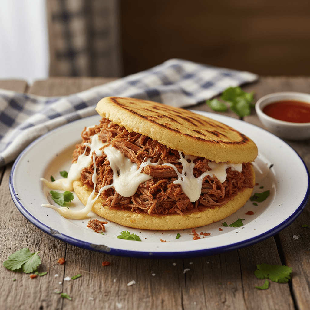 Arepa venezolana rellena con queso y carne mechada en plato