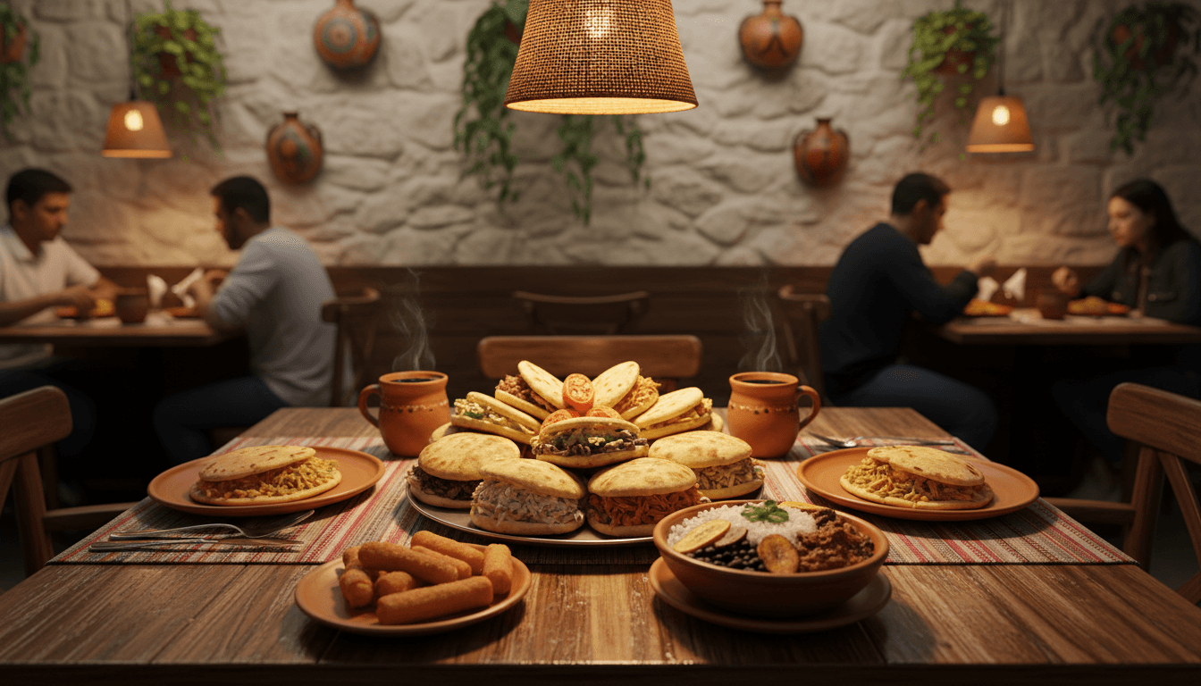 Mesa acogedora con comida venezolana tradicional en el restaurante