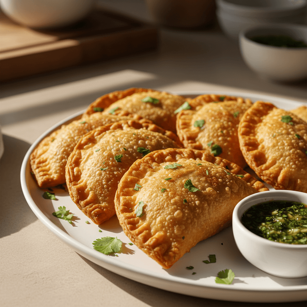 Empanadas venezolanas doradas y crujientes servidas en un plato con salsa