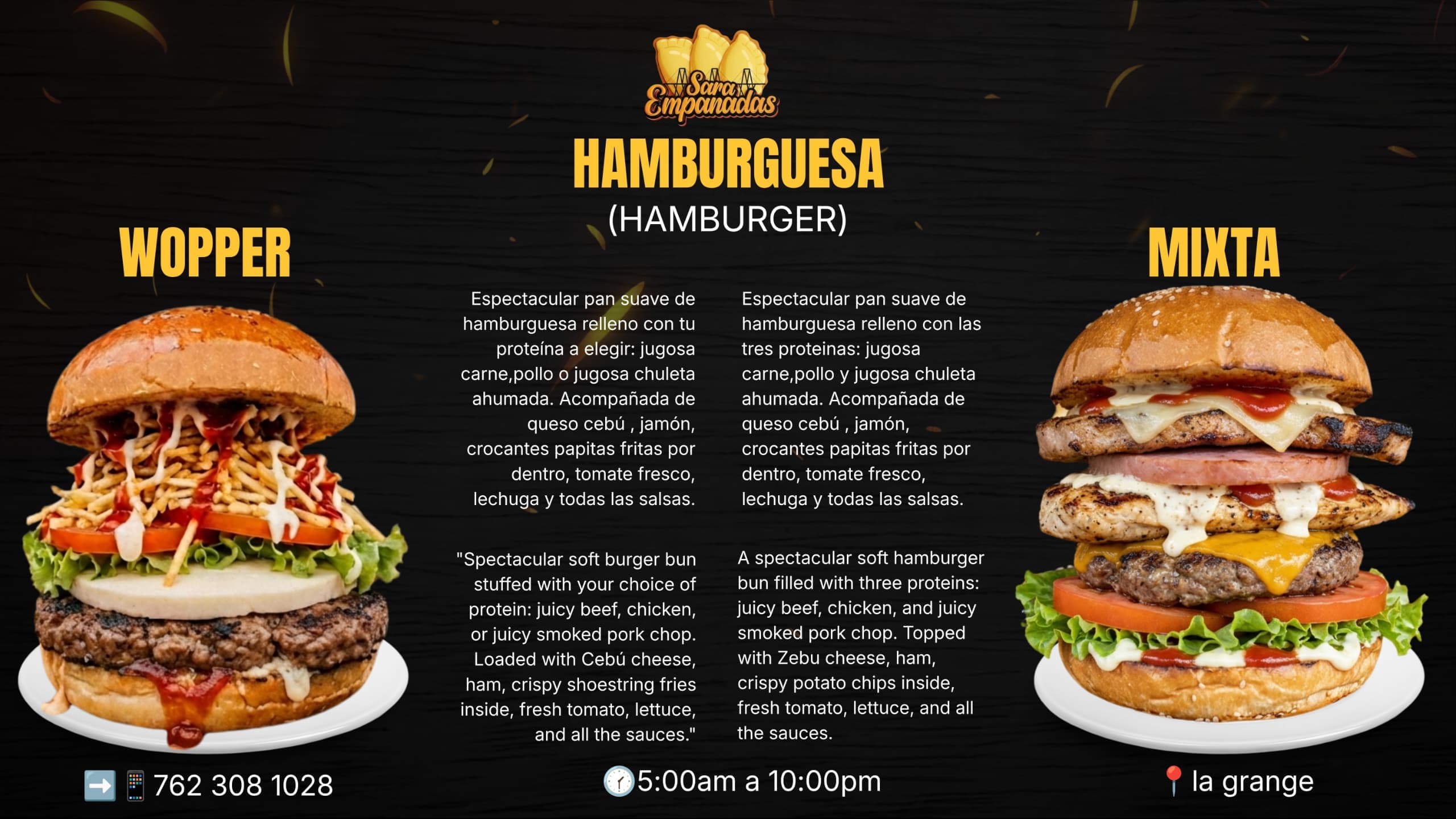Menú de hamburguesas Wopper y Mixta con abundantes ingredientes, carnes, quesos y vegetales frescos.